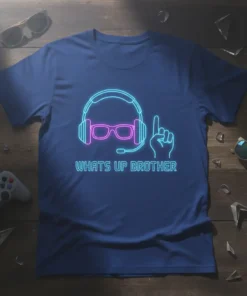Whats Up Brother neon graphic t-shirt with headset, glasses, and pointing finger