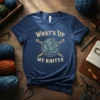 What's Up My Knitta t-shirt with yarn ball and knitting needles graphic, vintage distressed style