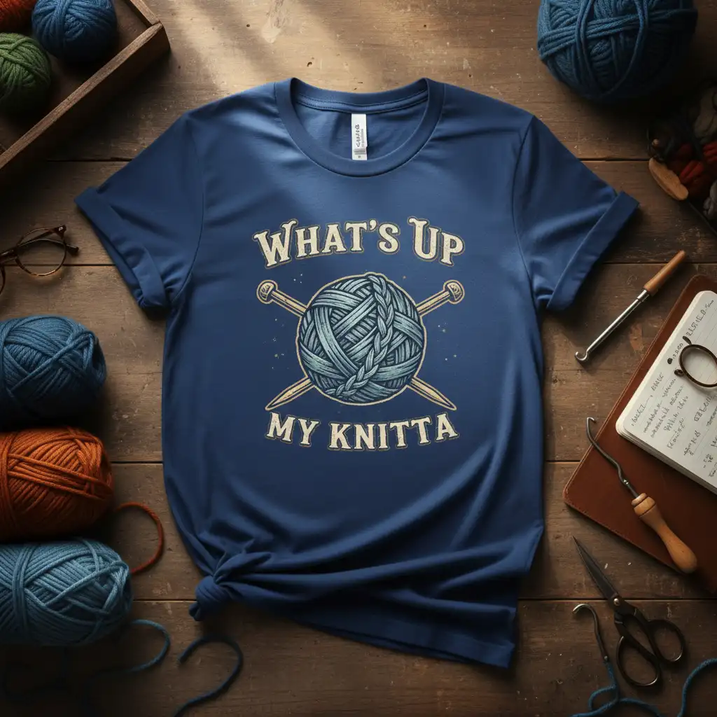 What's Up My Knitta quote on a t-shirt with a central yarn ball and knitting needles graphic