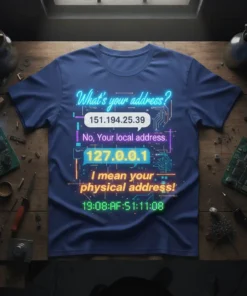 T-shirt with "What's your address? 151.194.25.39 No, Your local address. 127.0.0.1 I mean your physical address! 19:08:AF:51:11:08" in neon tech