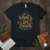 Black t-shirt with "What's for Lunch" text in gold, chef hat, ladle, spoon, and salt/pepper shakers graphic