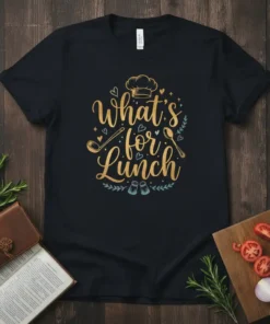Black t-shirt with "What's for Lunch" text in gold, chef hat, ladle, spoon, and salt/pepper shakers graphic