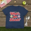 What's for Lunch? retro quote t-shirt with flowers and stars, navy blue tee design