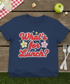 What's for Lunch? retro quote t-shirt with flowers and stars, navy blue tee design