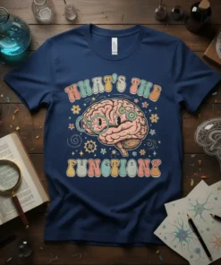 What's The Function? retro brain graphic t-shirt with colorful typography and gears