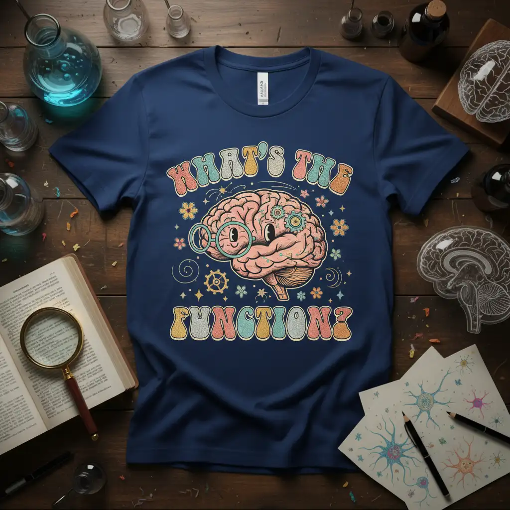 What's The Function? quote and brain graphic on a retro-style navy blue t-shirt