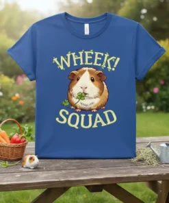 Wheek! Squad t-shirt with a cute guinea pig eating clover and text "WHEEK! SQUAD"