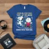 Snoopy and Charlie Brown dancing with musical notes, text reads "When All Else Fails, Turn Up The Music and Dance