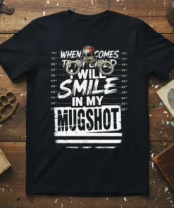 Black t-shirt with white text "WHEN COMES TO GOOD I WILL SMILE IN MY MUGSHOT" in a police lineup style