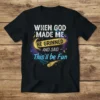 When God Made Me He Grinned And Said This'll be Fun quote on a black t-shirt with celestial graphics