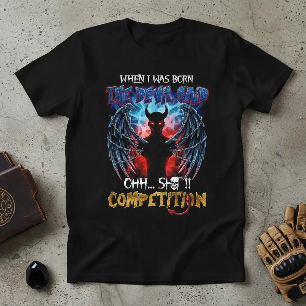 When I Was Born The Devil Said Ohh Sh*t Competition text with devil graphic and wings on black tee