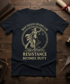 When Injustice Becomes Law Resistance Becomes Duty quote t-shirt design with Lady Justice graphic