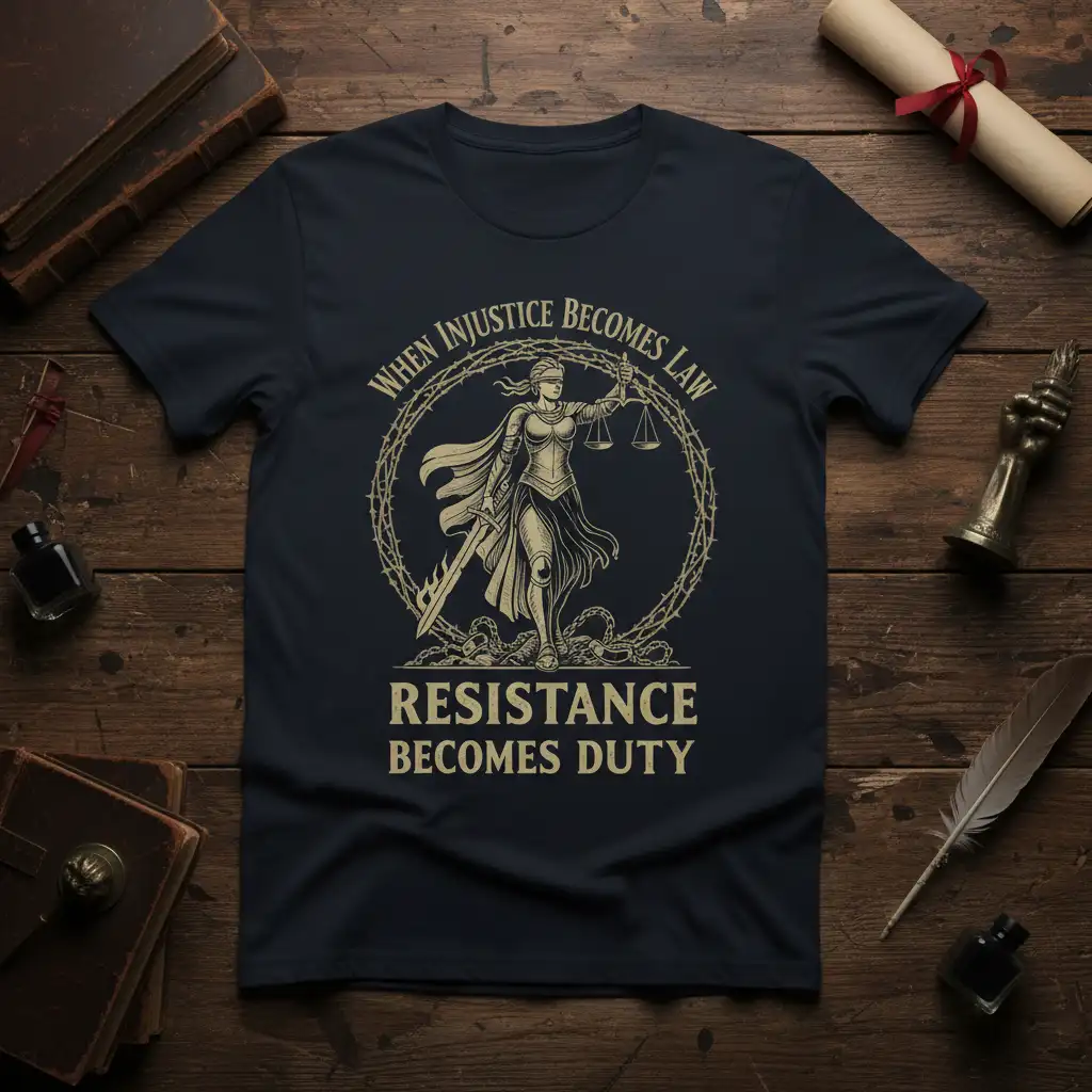 When Injustice Becomes Law Resistance Becomes Duty quote and Lady Justice graphic on a dark t-shirt