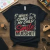 Funny "When It Comes To My Child I Will Smile In-My Mugshot" quote on a dark t-shirt with vintage mugshot