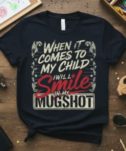 Funny "When It Comes To My Child I Will Smile In-My Mugshot" quote on a dark t-shirt with vintage mugshot