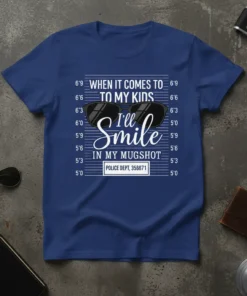 Blue t-shirt with "When It Comes To My Kids I'll Smile In My Mugshot" text and sunglasses graphic, resembling a