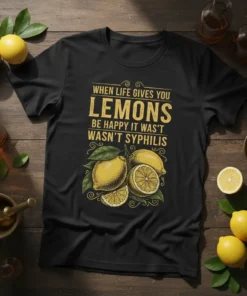 Black t-shirt with "When Life Gives You Lemons Be Happy It Wasn't Syphilis" quote and lemon graphic