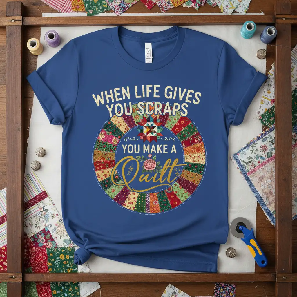 When Life Gives You Scraps You Make A Quilt quote with detailed circular patchwork design on a blue t-shirt