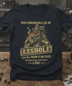 Steampunk skeleton mechanic smoking a cigar wearing a top hat, text "When Someone Calls Me An Asshole I Get This
