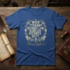 Blue t-shirt with golden text: "When Tyranny Becomes Law, Rebellion Becomes Duty" by Thomas Jefferson, framed by ornate laurel wreath