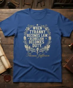 Blue t-shirt with golden text: "When Tyranny Becomes Law, Rebellion Becomes Duty" by Thomas Jefferson, framed by ornate laurel wreath