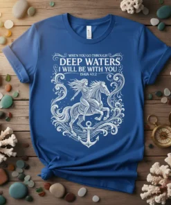 When You Go Through Deep Waters I Will Be With You T-Shirt featuring a woman riding a horse through waves