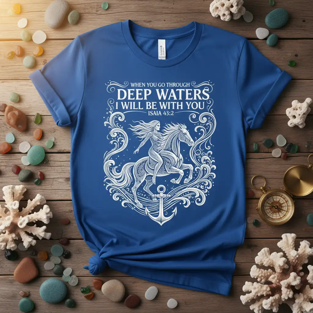 When You Go Through Deep Waters I Will Be With You quote on a blue t-shirt with a woman on a horse