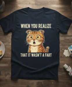 Funny cat t-shirt with text "When You Realize That It Wasn't A Fart" and a surprised cat graphic