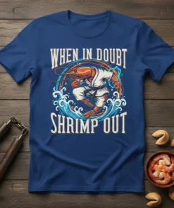 When In Doubt Shrimp Out t-shirt design featuring a karate-kicking shrimp in a white gi, surrounded by blue waves and