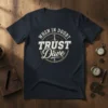 When in Doubt Trust Dave quote on a navy t-shirt, featuring a compass design and vintage typography