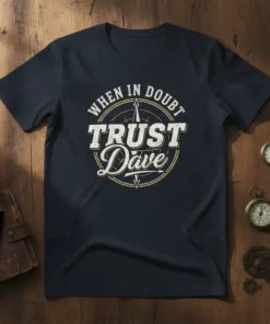 When in Doubt Trust Dave quote on a navy t-shirt, featuring a compass design and vintage typography