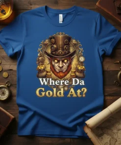 Steampunk leprechaun character with gold bags and the quote "Where Da Gold At?" on a blue t-shirt