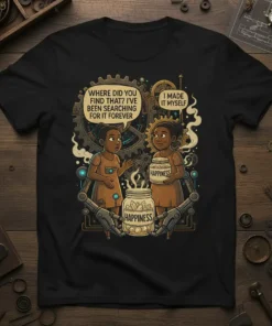 Two girls discussing happiness, one holding a jar labeled 'Happiness', with text "Where Did You Find That? I've Been Searching