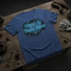 T-shirt with the quote "Where I Go Trouble Follows" in neon blue stylized text with lightning bolts and a dark