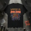 Black t-shirt with "WHERE IS JIMBO JAMES" text and three cartoon characters in tentacles graphic