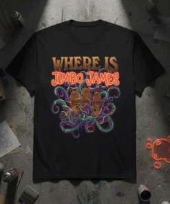 Black t-shirt with "WHERE IS JIMBO JAMES" text and three cartoon characters in tentacles graphic