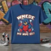 Where My Hug At? t-shirt design with a blue teddy bear holding a red heart and distressed white splatters