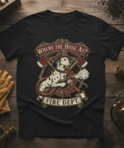 Dalmatian dog wearing a firefighter helmet holding a hose with "Where The Hose At? Fire Dept." text, set against crossed