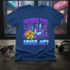 Where The Huzz At? t-shirt with retro vaporwave neon city and lollipop graphic