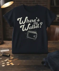 Where's my Wallet? text with a wallet graphic on a dark t-shirt design
