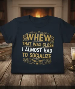Navy t-shirt with gold and white text that reads "WHEW THAT WAS CLOSE I ALMOST HAD TO SOCIALIZE" in a