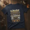 Whiskey Breakfast of Champions t-shirt with vintage design, lions, and crossed whiskey glasses
