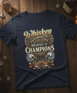 Whiskey Breakfast of Champions t-shirt with vintage design, lions, and crossed whiskey glasses