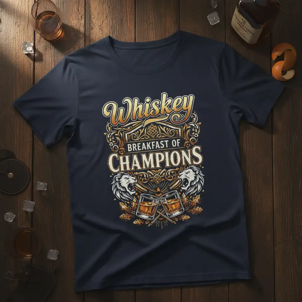 Whiskey Breakfast of Champions t-shirt featuring bold text and vintage graphic elements