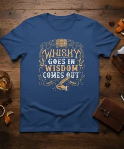 Whisky Goes In Wisdom Comes Out quote t-shirt with vintage barrel and quill graphic