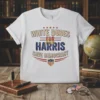 White t-shirt with "WHITE DUDES FOR HARRIS SAVE DEMOCRACY" text in red, white, and blue patriotic design with stars and