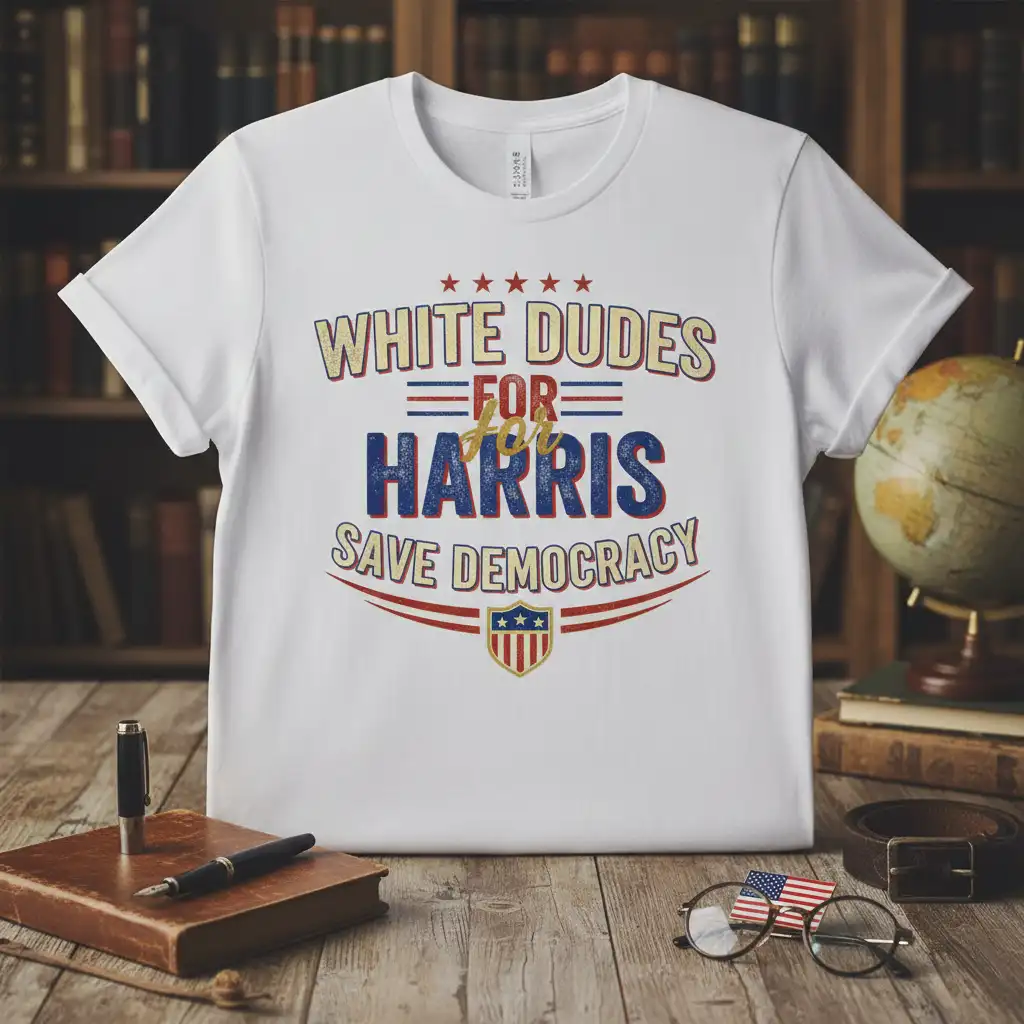 White Dudes For Harris Save Democracy text design with patriotic stars and shield graphic on a t-shirt