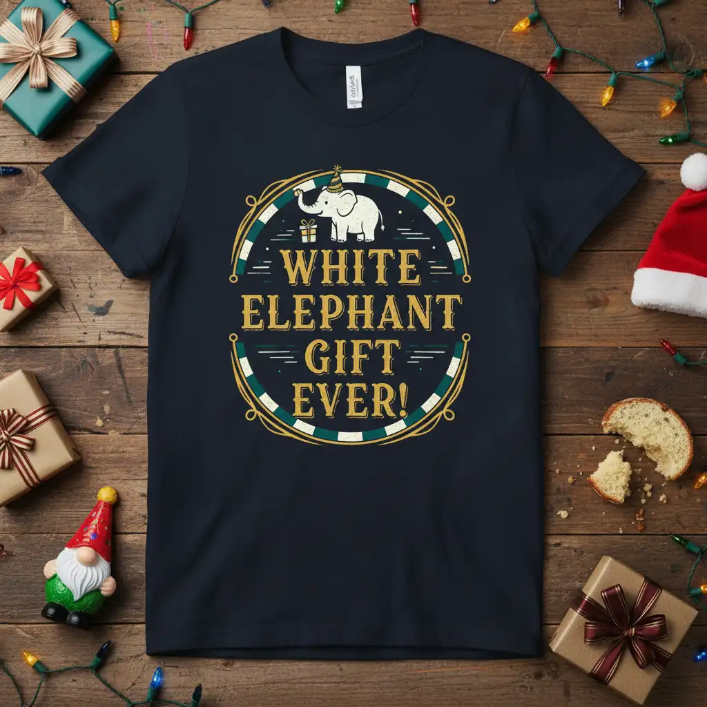 WHITE ELEPHANT GIFT EVER! detailed print printed on quality cotton blend creating a standout t-shirt