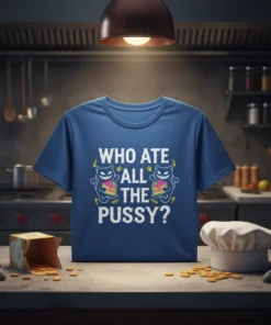 Blue t-shirt with white text "WHO ATE ALL THE PUSSY?" and cartoon cats holding cake slices