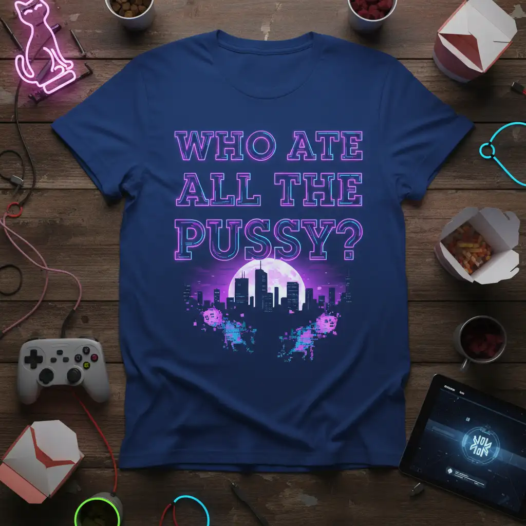 WHO ATE ALL THE PUSSY? neon text over a pixelated cyberpunk cityscape design